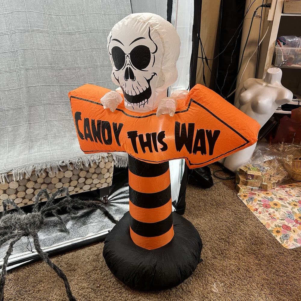 Gemmy Halloween Lighted Skeleton Candy This Way Double Sided Inflatable 3.5 Feet